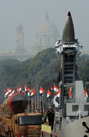 Indian nuclear-capable Agni 3 and Dhanush missiles are paraded through New Delhi in January 2008. The opposition Bharatiya Janata Party is moving to minimize concerns that it would eliminate the country's longstanding no-first-use nuclear-weapons doctrine, if voted into power.