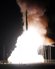 A U.S. Minuteman 3 missile takes off in a trial launch from Vandenberg Air Force Base in California. Pentagon officials are studying whether to stick with the Minuteman design or replace it with a new nuclear-armed ICBM (U.S. Air Force photo).