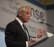 U.S. Defense Secretary Chuck Hagel delivers a speech at the Munich Security Conference in Germany on Saturday. The defense chief discussed U.S. spending on missile defense and encouraged NATO countries to make strategic military investments.