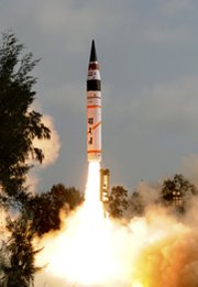 India's Agni 5 ballistic missile takes off in an April 2012 test flight. The nation is developing the multiple-warhead, farther-flying Agni 6 missile (AP Photo/Indian Ministry of Defense).