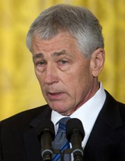 Former Senator Chuck Hagel (R-Neb.) speaks at the White House on Monday after being formally announced as President Obama's nominee for secretary of Defense (AP Photo/Carolyn Kaster).