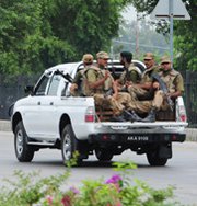 Pakistani soldiers patrol near the Minhas air force installation in August 2012, shortly after the possible nuclear-arms storage facility faced a coordinated assault by militants. Pakistan achieved more progress since 2012 than any other nuclear-armed nation in improving the security of its bomb-usable nuclear materials, according to an expert assessment released on Wednesday.