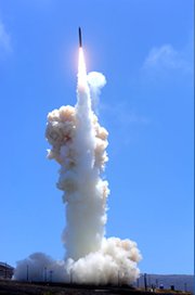 A Ground Based Interceptor armed with a Raytheon-manufactured kill vehicle takes off from Vandenberg Air Force Base, Calif., last month in a high-profile intercept test. The Pentagon last week said the successful test validated fixes to the kill vehicle, and that production of it would soon resume.
