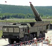An undated picture shows a Russian Iskander missile on display during a military equipment exhibition in the Siberian town of Nizhny Tagil. Moscow on Monday announced it was conducting a series of test-firings of the nonstrategic ballistic missile.