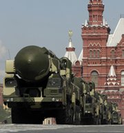 Russian Topol ICBMs roll through Moscow's Red Square in a 2009 parade. High-level Russian officials on Wednesday suggested they are less interested than President Obama in pursuing further cuts to long-range nuclear forces held by Russia and the United States (AP Photo/Ivan Sekretarev).
