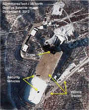 A December 2012 satellite image of the Dongchang-ri rocket launch site in North Korea. Recent surveillance pictures show no signs of preparations for launches in coming weeks from Dongchang-ri or the North's Musudan-ri facility, according to a new analysis (AP Photo/GeoEye).