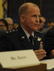 Air Force Lt. Gen. Stephen Wilson, the head of Global Strike Command, testifies before the Senate in March. Air Force brass have recommended that Wilson's position be elevated from a three-star to a four-star billet, partly in response to recent ethics scandals in the command's nuclear missile sector.