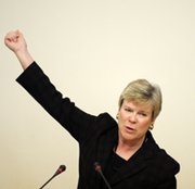 Acting Undersecretary of State for Arms Control and International Security Rose Gottemoeller speaks at an event in Moscow in 2012. Yesterday, the senior State Department official urged Russia to continue talks with NATO on missile-defense issues (Kirill Kudryavstev/AFP/Getty Images).