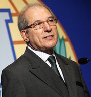 OPCW Director General Ahmet Üzümcü speaks on Oct. 11 during a press conference in The Hague. He reportedly said Syria has declared having 23 chemical-weapons sites at a total of 41 facilities -- a detail that could explain discrepancies in measurements of the country's chemical arsenal (Bas Czerwinski/Getty Images).