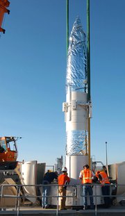 A U.S. long-range missile interceptor in 2004 is installed at Vandenberg Air Force Base in California as part of the Ground-based Midcourse Defense system. A new expert report supports establishing a new interceptor base on the East Coast (AP Photo/U.S. Missile Defense Agency).