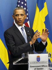 President Obama on Wednesday speaks to reporters in Stockholm, Sweden. The Senate Foreign Relations Committee on Wednesday debated a resolution, different from one Obama proposed, to authorize the use of military force in Syria following an alleged chemical weapons attack in the country last month (AP Photo/Frank Augstein).
