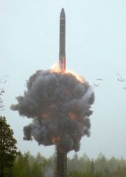 A Russian RS-24 ICBM lifts off in a 2007 test launch. A missile formation in central Russia is now fully armed with Topol-M missiles and RS-24 launch systems, Moscow said on Thursday (AP Photo).